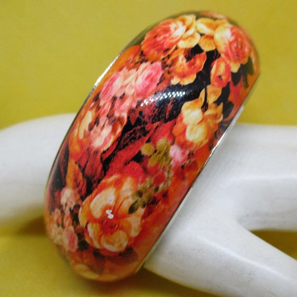 WIDE ENAMEL Cuff Bracelet Floral Enamel Bangle Cuff Bracelet Enamel SilverTone - Picture 3 of 9